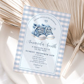 Blauwe babyschoenen jongen schoentjes geruit boog  kaart