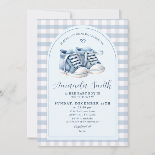 Blauwe babyschoenen jongen schoentjes geruit boog  kaart (Voorkant)