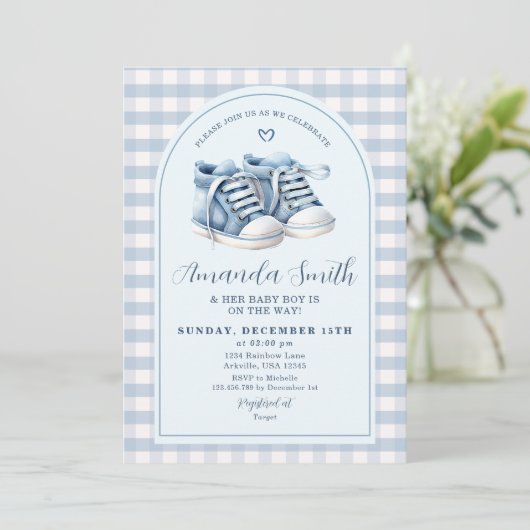 Blauwe babyschoenen jongen schoentjes geruit boog  kaart (Staand voorkant)