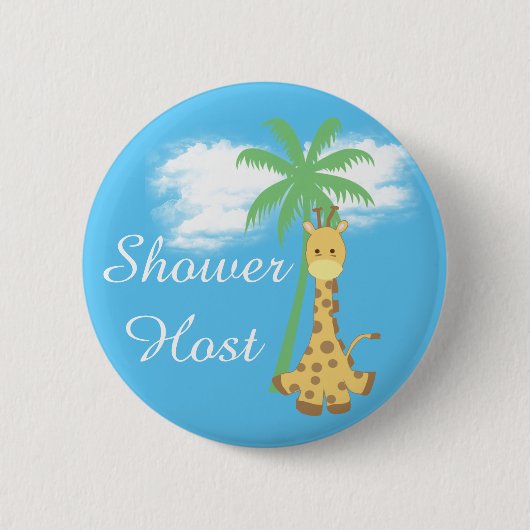Blauwe babyshower gastheer giraffe badges ronde button 5,7 cm (Voorkant)