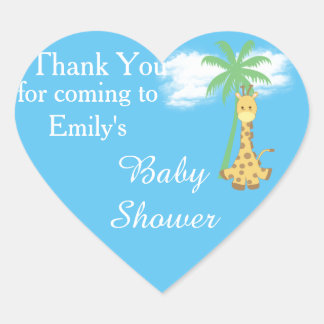 Blauwe babyshower giraffe bedankstickers hart sticker