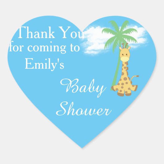 Blauwe babyshower giraffe bedankstickers hart sticker (Voorkant)