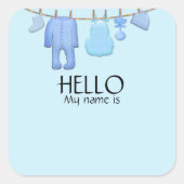 Blauwe babyshower naamkaartje vierkante sticker (Voorkant)