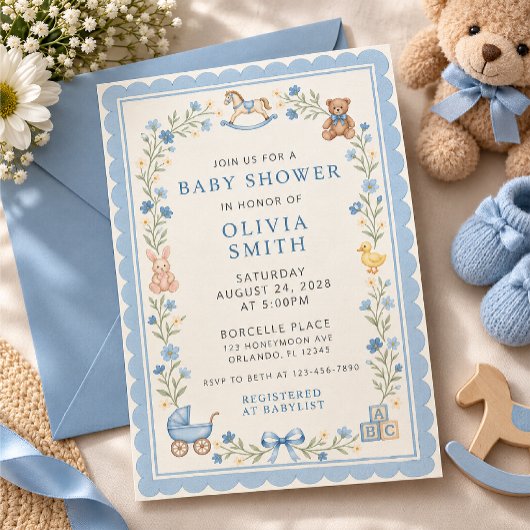 Blauwe babyshower uitnodiging template
