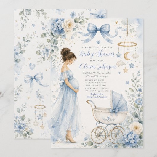Blauwe babyshower viering kaart (Voorkant / Achterkant)
