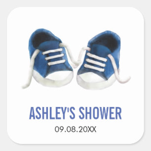 Blauwe babysneakers babyshowersticker, geschenklab vierkante sticker
