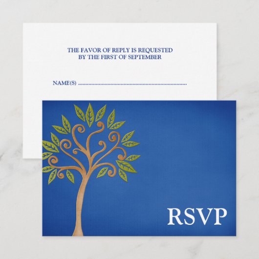 Blauwe balk Mitzvah RSVP - boom van het leven Kaartje (Voorkant / Achterkant)