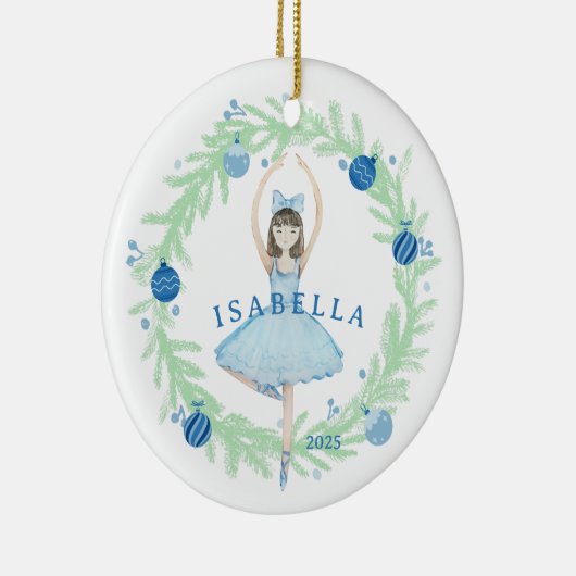 Blauwe ballerina en kerstkrans keramisch ornament (Rechts)