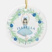 Blauwe ballerina en kerstkrans keramisch ornament (Voorkant)