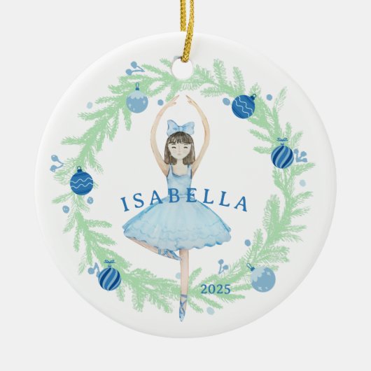 Blauwe ballerina en kerstkrans keramisch ornament (Voorkant)