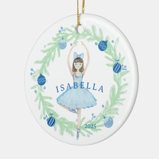 Blauwe ballerina en kerstkrans keramisch ornament (Links)
