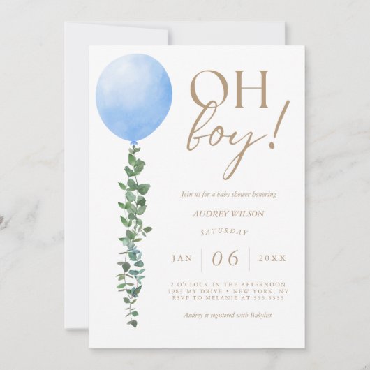 Blauwe ballon baby jongen douche uitnodiging Oh jo (Voorkant)