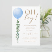 Blauwe ballon baby jongen douche uitnodiging Oh jo (Staand voorkant)