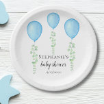 Blauwe ballon Baby shower groen Papieren Bordje<br><div class="desc">Het Baby showers papieren Bord van deze jongen is versierd met waterverf blauwe ballonnen en eucalyptusgroen. Gemakkelijk aan te passen. Gebruik het ontwerpgereedschap om de tekstgrootte, -stijl of -kleur te wijzigen. Omdat we ons kunstwerk creëer, zult u dit exacte afbeelding van andere ontwerpers niet vinden. Originele Waterverf © Michele Davies....</div>