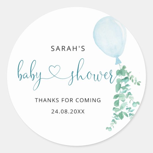 Blauwe ballon Baby shower Klassieke Ronde Sticker (Voorkant)