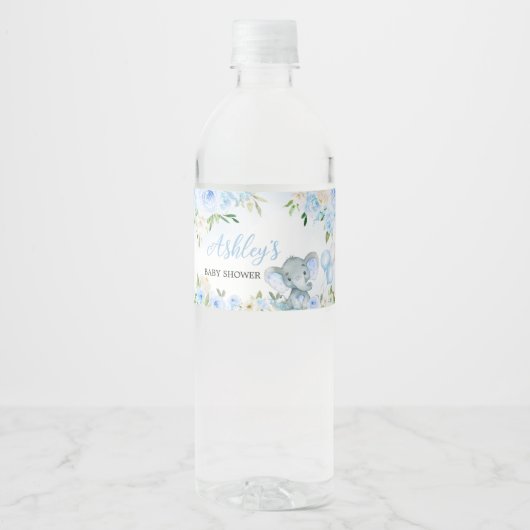 Blauwe ballon bloemenolifant waterfles etiket (Voorkant)