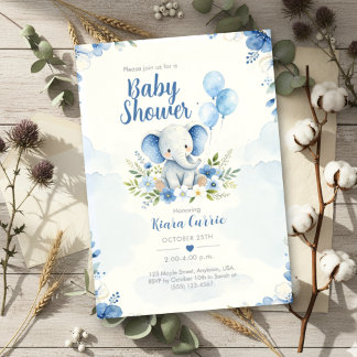 Blauwe Ballon Bloemige Olifant Baby Shower Kaart