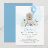 Blauwe ballon Boho Teddy Bear 1e verjaardag Kaart (Voorkant / Achterkant)