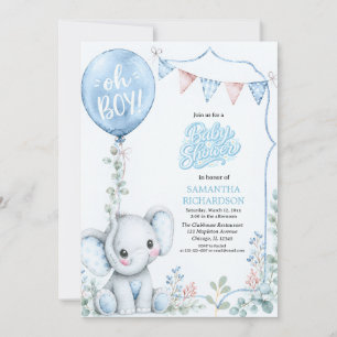 Blauwe ballon cute olifant baby shower uitnodiging