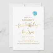 Blauwe ballon doop & 1e verjaardag gouden script kaart (Voorkant)
