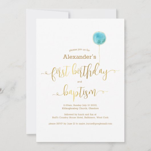 Blauwe ballon doop & 1e verjaardag gouden script kaart (Voorkant)