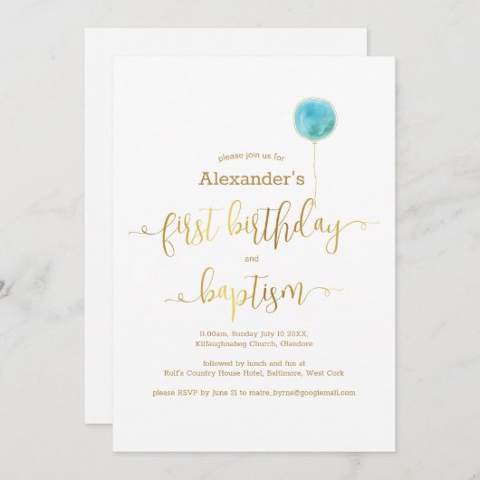 Blauwe ballon doop & 1e verjaardag gouden script kaart (Voorkant / Achterkant)