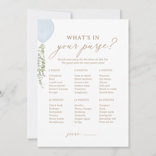 Blauwe ballon douche Wat zit er in je tas spel Kaart (Voorkant)