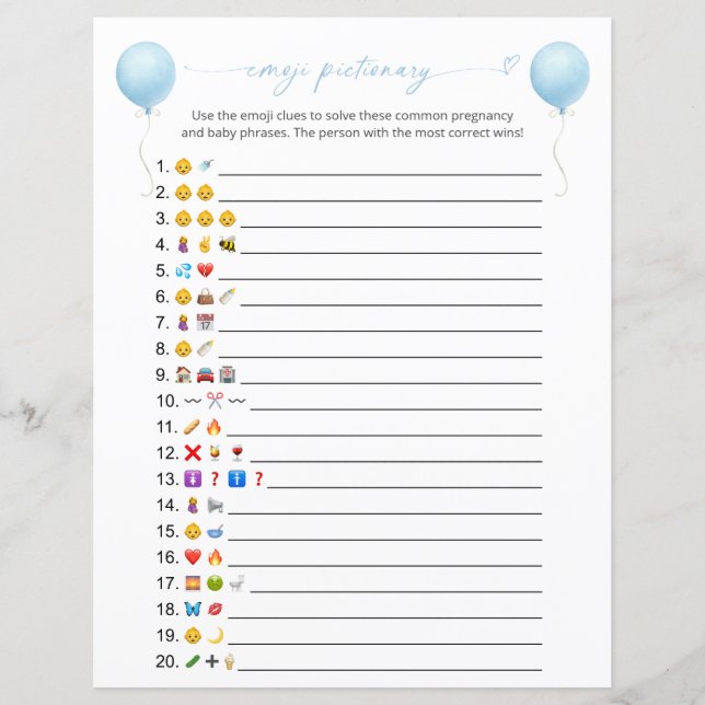 Blauwe ballon Emoji Pictionary Baby Douche Spel (Voorkant)