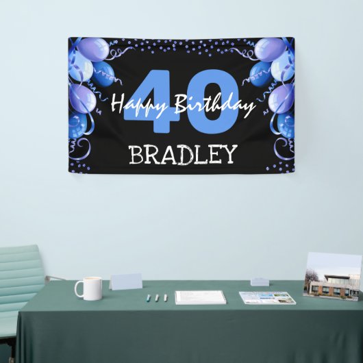 Blauwe ballon en glitter elke zondag spandoek (Beurs)