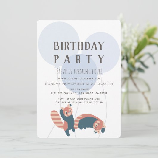 Blauwe ballon en rode panda verjaardagsfeestje uit kaart (Staand voorkant)