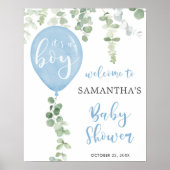 Blauwe ballon eucalyptus baby shower Welkomstbord Poster (Voorkant)