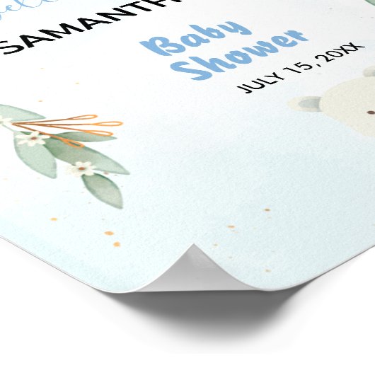 Blauwe ballon eucalyptus baby shower Welkomstbord Poster (Hoek)