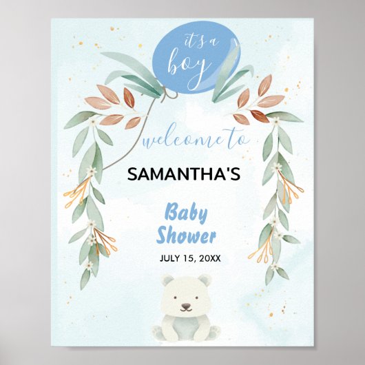 Blauwe ballon eucalyptus baby shower Welkomstbord Poster (Voorkant)