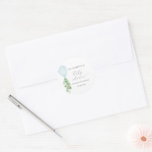 Blauwe Ballon Eucalyptus Babyfeestje Ronde Sticker
