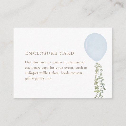 Blauwe ballon Eucalyptus Boy Baby shower Enclosure Informatiekaartje (Voorkant)