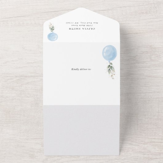 Blauwe ballon, Eucalyptus, Griekenland, Baby showe All In One Uitnodiging (Buitenkant)