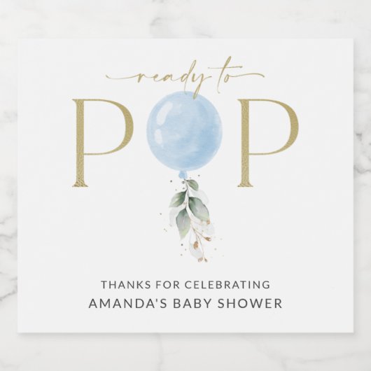 Blauwe ballon, Eucalyptus, Griekenland, Baby showe Sparkling Wijnetiket (Enkel label)