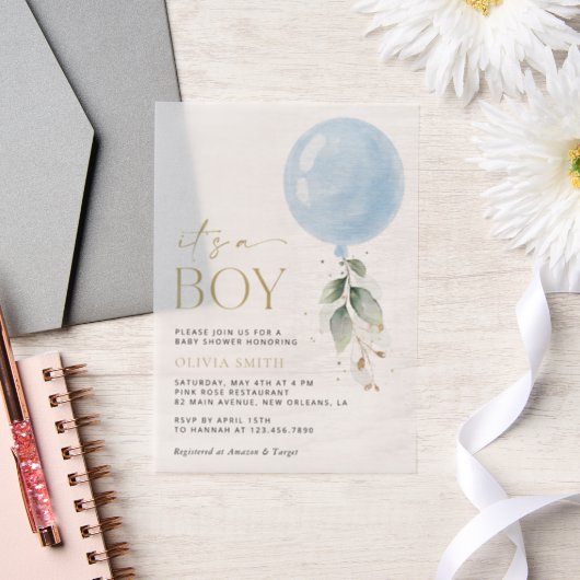 Blauwe ballon, Eucalyptus, Griekenland, Baby showe Vellum Uitnodigingen (Huwelijk)