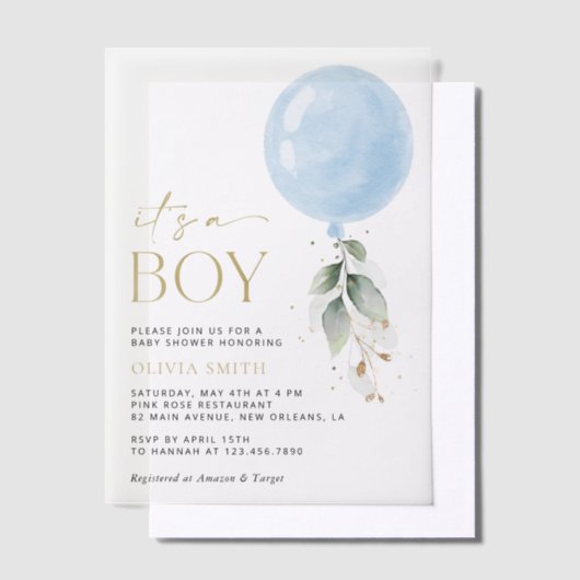 Blauwe ballon, Eucalyptus, Griekenland, Baby showe Vellum Uitnodigingen (Offset)