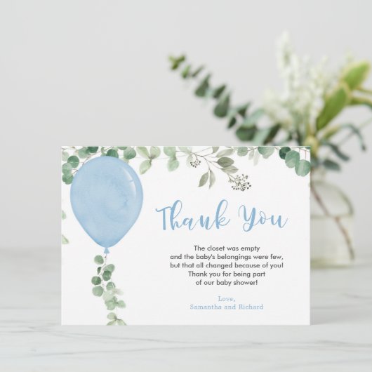 Blauwe ballon eucalyptus groen bedankkaart (Staand voorkant)