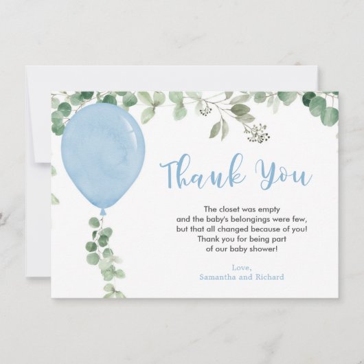 Blauwe ballon eucalyptus groen bedankkaart (Voorkant)