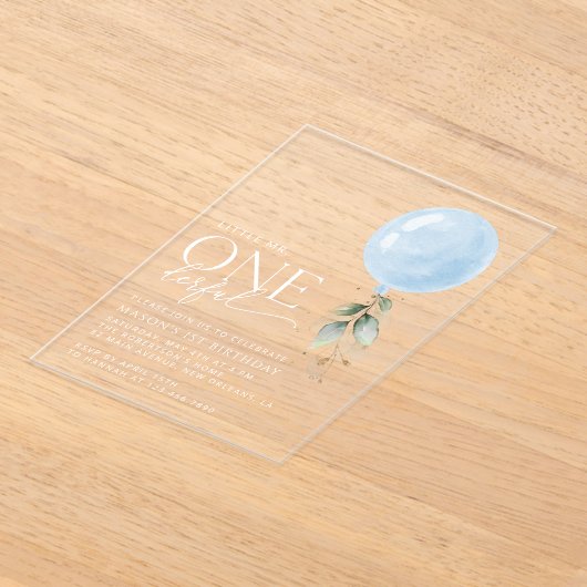 Blauwe ballon, eucalyptus, groen, eerste verjaarda acryl uitnodigingen (Laagn)