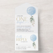 Blauwe ballon, eucalyptus, groen, eerste verjaarda all in one uitnodiging (Binnen)