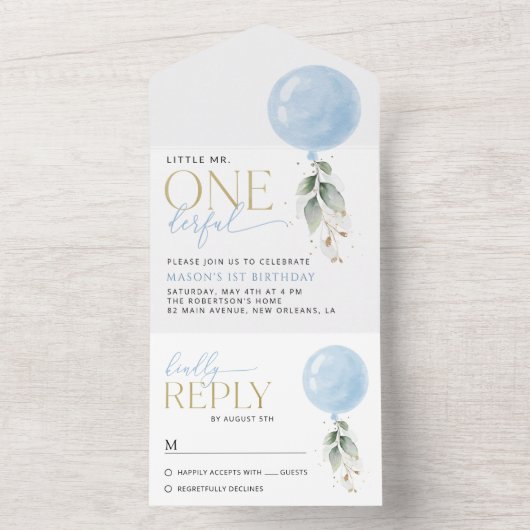 Blauwe ballon, eucalyptus, groen, eerste verjaarda all in one uitnodiging (Binnen)