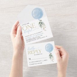 Blauwe ballon, eucalyptus, groen, eerste verjaarda all in one uitnodiging