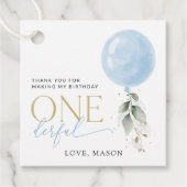 Blauwe ballon, eucalyptus, groen, eerste verjaarda bedankjes labels (Voorkant)