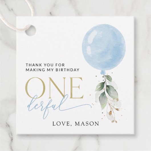 Blauwe ballon, eucalyptus, groen, eerste verjaarda bedankjes labels (Voorkant)