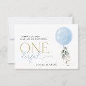 Blauwe ballon, eucalyptus, groen, eerste verjaarda bedankkaart (Voorkant)