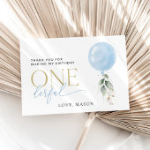 Blauwe ballon, eucalyptus, groen, eerste verjaarda bedankkaart