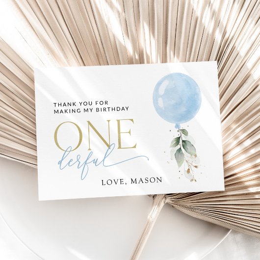 Blauwe ballon, eucalyptus, groen, eerste verjaarda bedankkaart